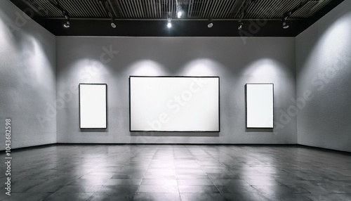 An empty gallery room with framed pictures and a large blank billboard, realist style, white and gray concept of presentation space. Generative AI