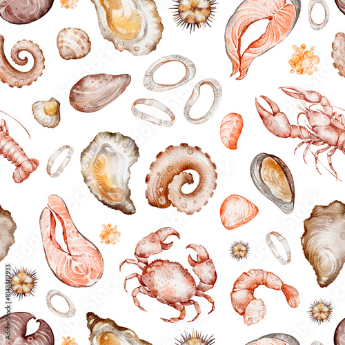 Watercolor Seafood seamless pattern on black background. Hand drawn shrimp, lobster, crab, clams, salmon for design wallpaper, print, menu. Mediterranean diet. Variety elements food in doodle style. photo