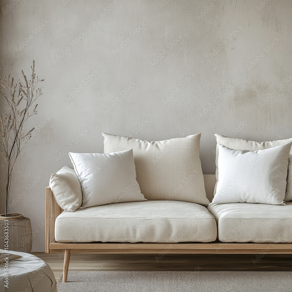 A cozy and modern sofa with white cushions sits against textured beige wall, creating serene and inviting atmosphere. minimalist decor enhances calm ambiance A cozy and modern sofa with white cushions sits against textured beige wall, creating serene and inviting atmosphere. minimalist decor enhances calm ambiance