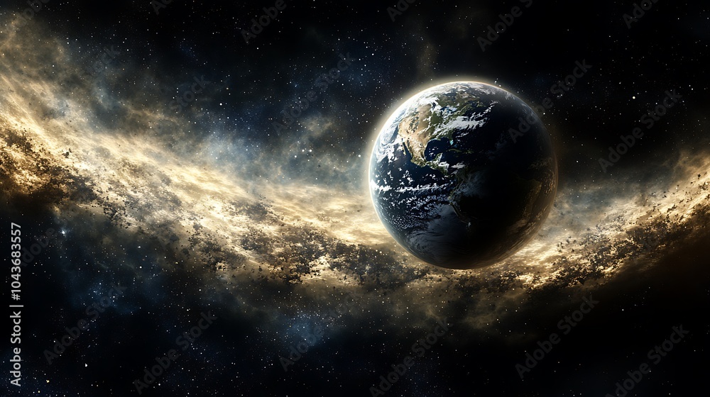 Fototapeta premium Earth in space with glowing light trails and a cloud of space dust encircling it