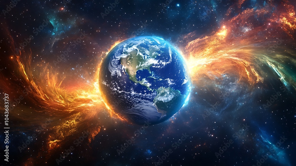 Earth floating in space with swirling dust and bright light streaks surrounding it