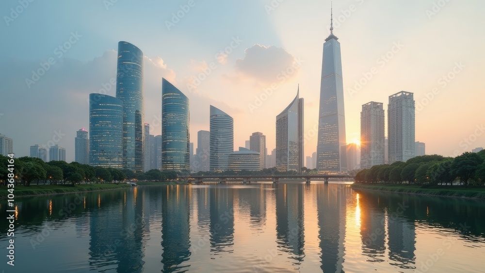 Fototapeta premium Breathtaking Energy-Positive Skyline at Dawn: A Reflection of Urban Transformation