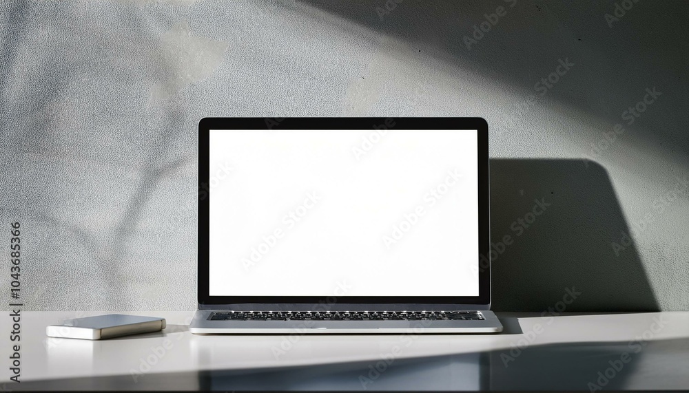 Close up of notebook computer with empty mock up screen placed on desk. Concrete wall with shadows in the background. 3D Rendering. Close up of notebook computer with empty mock up screen placed on desk. Concrete wall with shadows in the background. 3D Rendering.