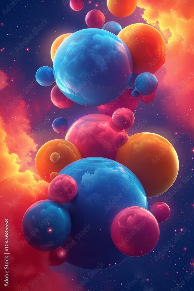 Brightly colored celestial spheres hover against a backdrop of vivid cosmic clouds. The vibrant hues create an otherworldly atmosphere, highlighting the beauty of space and its mysteries. Brightly colored celestial spheres hover against a backdrop of vivid cosmic clouds. The vibrant hues create an otherworldly atmosphere, highlighting the beauty of space and its mysteries.