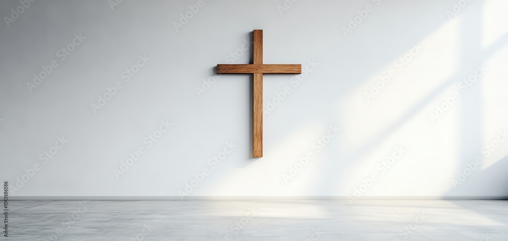 Simple wooden cross on a clean white wall, backlit with a soft, glowing light, creating an atmosphere of reflection and spiritual calm Simple wooden cross on a clean white wall, backlit with a soft, glowing light, creating an atmosphere of reflection and spiritual calm