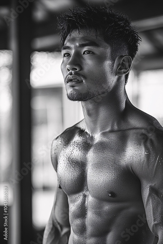 black and white portrait of a shirtless sweaty muscular man looking upwards