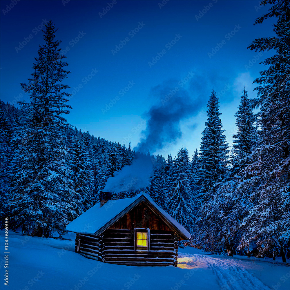 Log Cabin in the Winter Woods with Snow Square Format Log Cabin in the Winter Woods with Snow Square Format