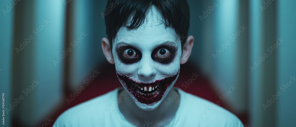 Eerie portrait of a boy with cracked, pale skin, exaggerated dark eye ...