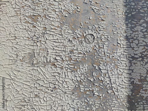 Textured close-up of weathered, peeling paint on an outdoor wall showcasing intricate patterns and neutral tones photo