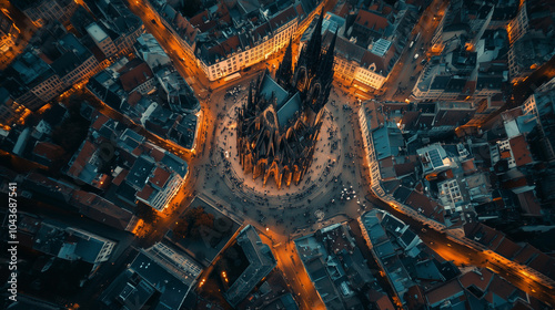 Aerial view of a historic cathedral in a city at dusk. Gothic architecture, drone shote. photo