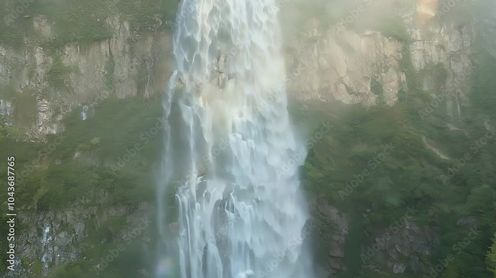 A majestic waterfall cascading down a rocky cliff surrounded by lush greenery. A majestic waterfall cascading down a rocky cliff surrounded by lush greenery.