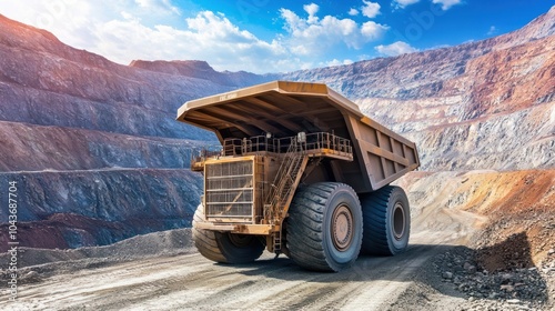A large mining truck navigating through a quarry landscape.