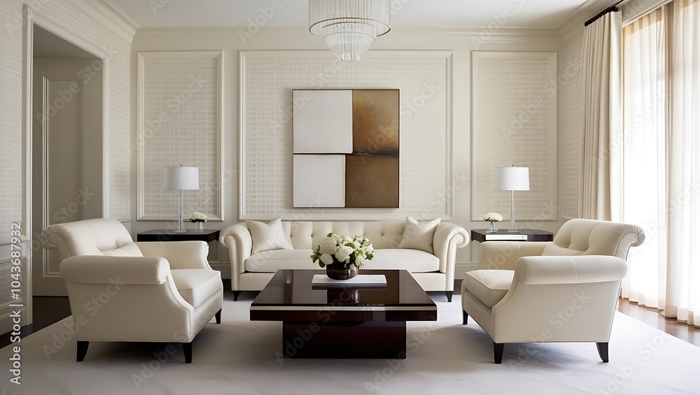 Cozy living room with bold wallpaper and luxurious accents