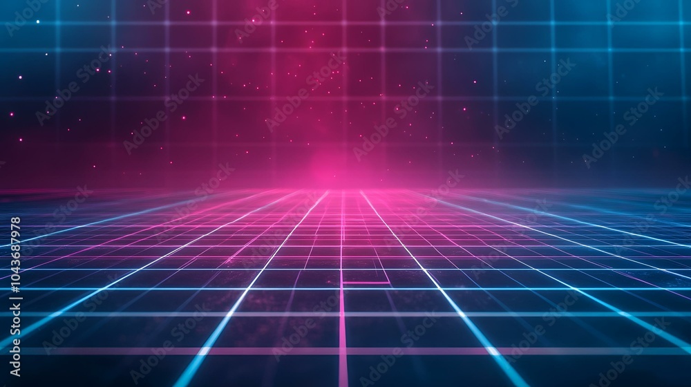 Retro Synthwave Grid Landscape in Neon Pink and Blue with Starry Horizon Retro Synthwave Grid Landscape in Neon Pink and Blue with Starry Horizon