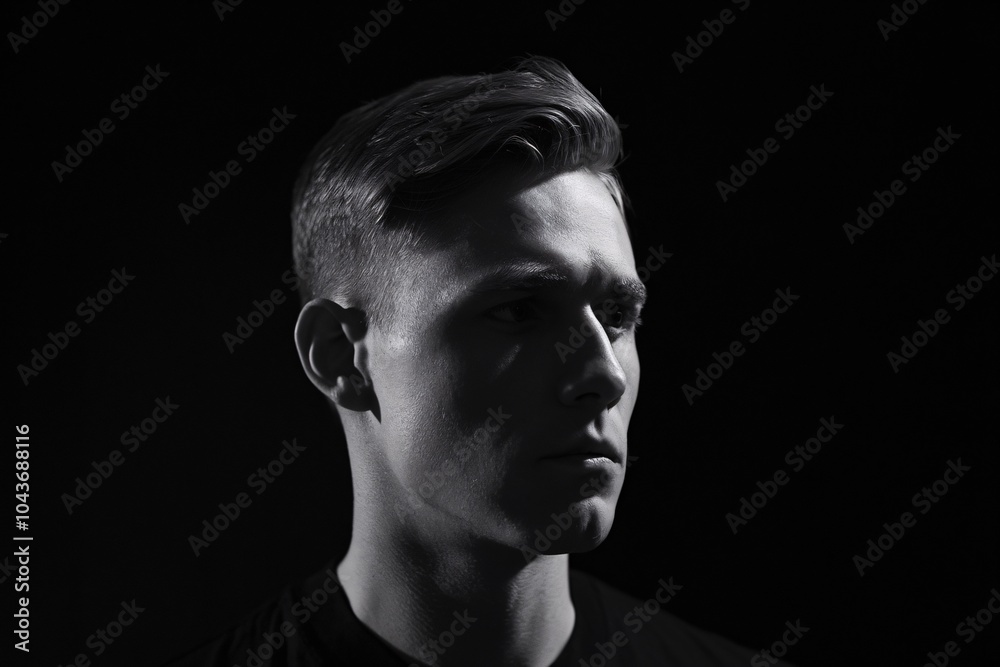 Man in Shadow: Black and white portrait of a pensive young man against a dark background. His serious expression and thoughtful gaze create a mood of introspection and contemplation. Man in Shadow: Black and white portrait of a pensive young man against a dark background. His serious expression and thoughtful gaze create a mood of introspection and contemplation.