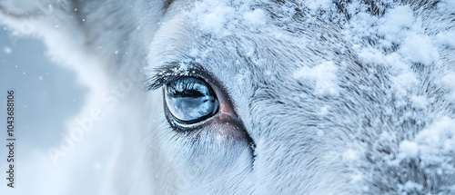 A close-up of the eye and face of an Arctic reindeer covered in snow, with bluish-grey tones. The scene is set against a snowy background. photo