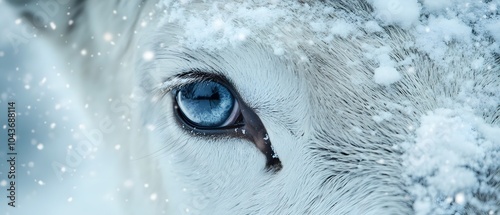 A close-up of the eye and face of an Arctic reindeer covered in snow, with bluish-grey tones. The scene is set against a snowy background. photo