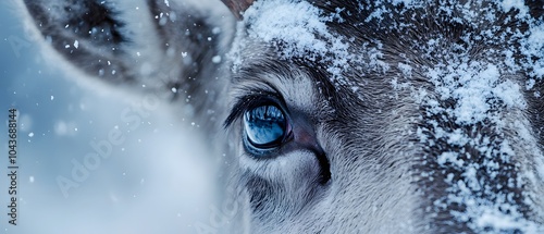 A close-up of the eye and face of an Arctic reindeer covered in snow, with bluish-grey tones. The scene is set against a snowy background. photo
