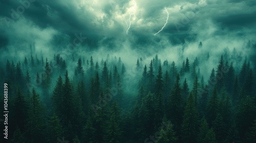 Dramatic storm clouds loom over a lush forest, with distant lightning illuminating the darkening sky.