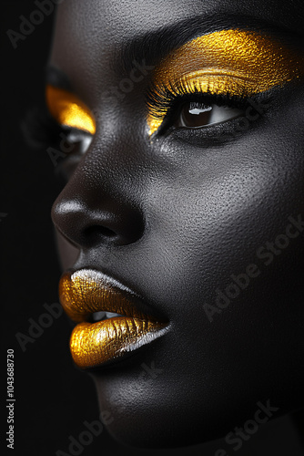 glamorous closeup of black woman with gold makeup