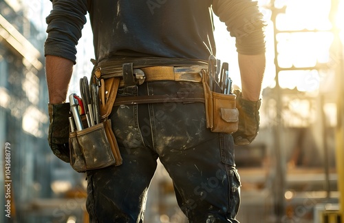 Close-up of a worker wearing a tool belt with tools on a construction site, with sunlight illuminating the scene. photo