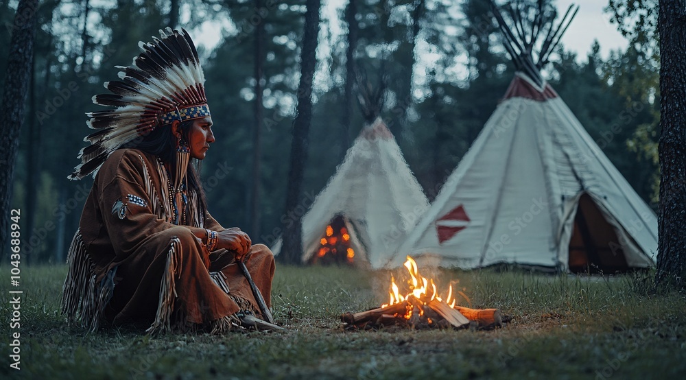 Fototapeta premium A Native American in traditional attire sitting by a campfire at sunset near tipis in a serene outdoor setting