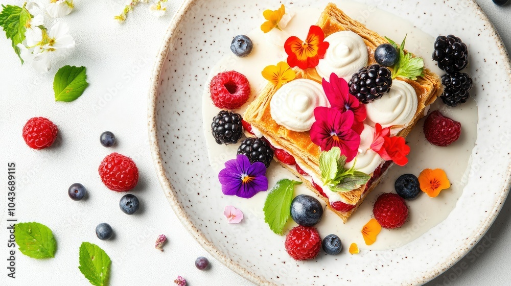 Deconstructed Mille-Feuille with Fresh Berries and Flowers Deconstructed Mille-Feuille with Fresh Berries and Flowers