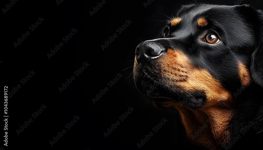 Close-up portrait of a cute Rottweiler dog looking away, isolated on a black background with copy space, suitable for a banner design. Close-up portrait of a cute Rottweiler dog looking away, isolated on a black background with copy space, suitable for a banner design.