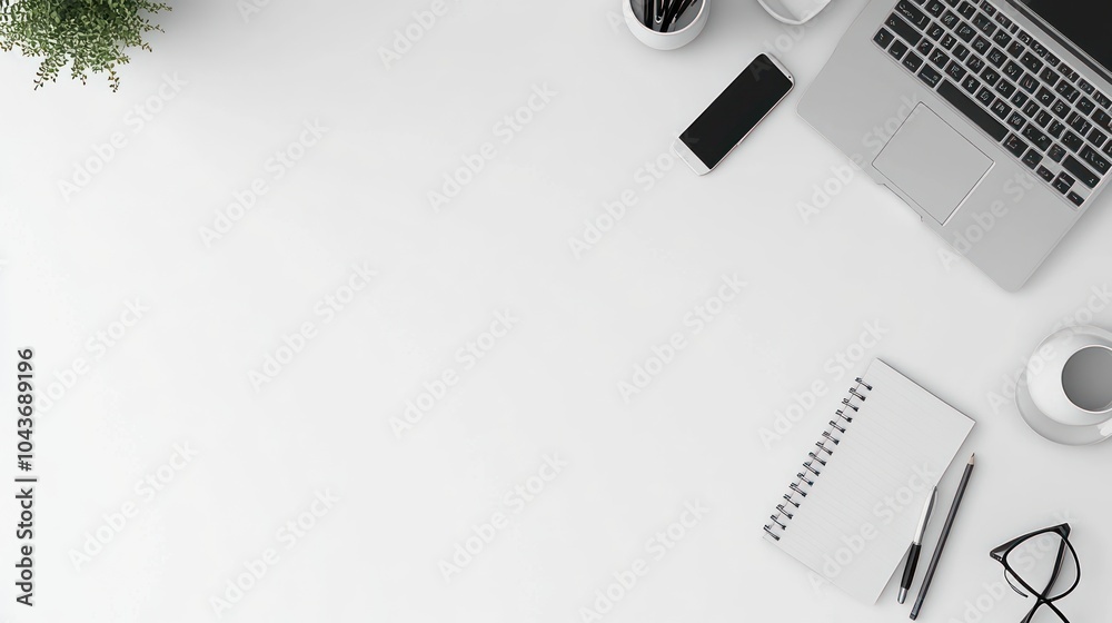 A minimalist workspace featuring a laptop, notebook, phone, and coffee cup.