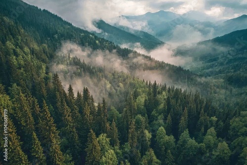 Aerial view landscape of foggy, misty mountain hills and forests, lush green hills, and relaxing moments with trees in the morning.