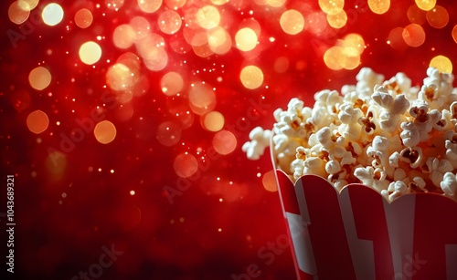 Popcorn in a cinema hall, a movie and film concept. Red color background with bokeh lights. Wide-angle lens, realistic lighting. photo