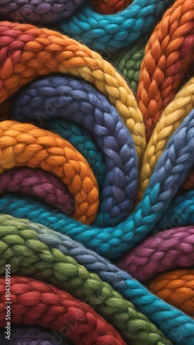 Vibrant and Soft Braided Yarn Textures Intertwined in a Colorful, Detailed Close-up of Fiber Art Design photo