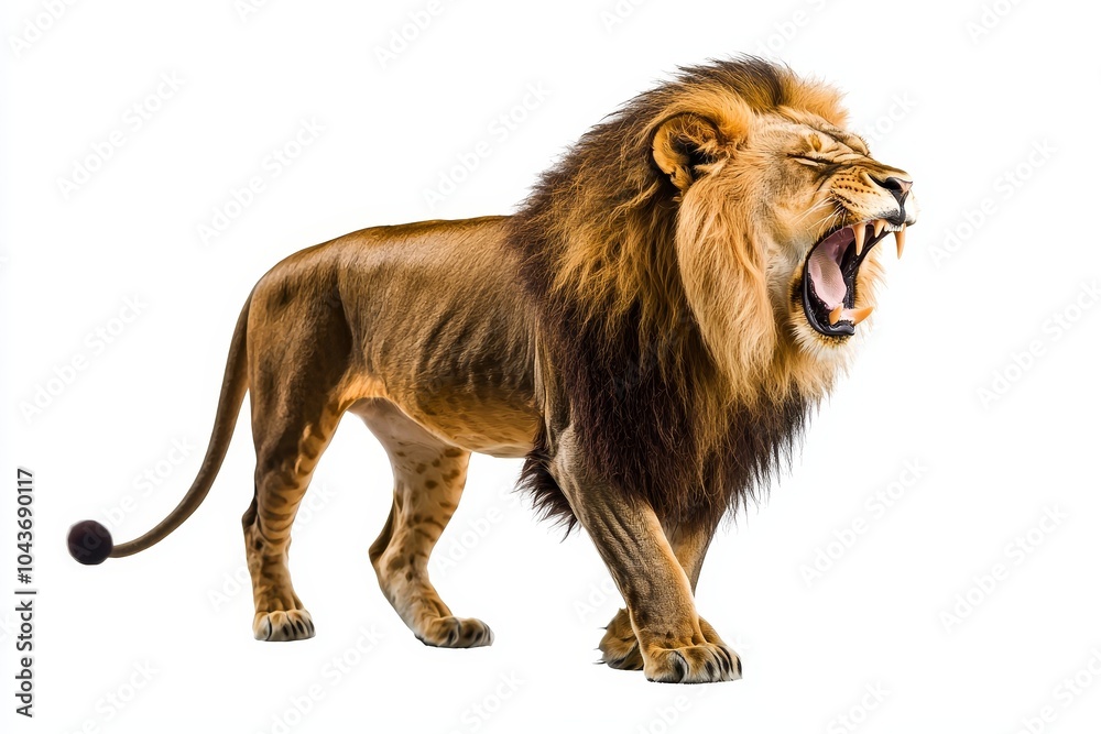 Fototapeta premium The images have been presented on a clean png background with a portrait of an Africa lion leo looking at the camera. The king hunter in the savanna has been isolated from its surroundings.