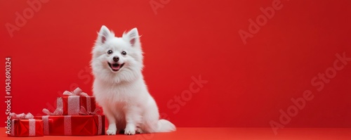 Happy White Japanese Spitz Sitting with Christmas Gifts on Red Background - Minimal Studio Shot with Space for Text photo