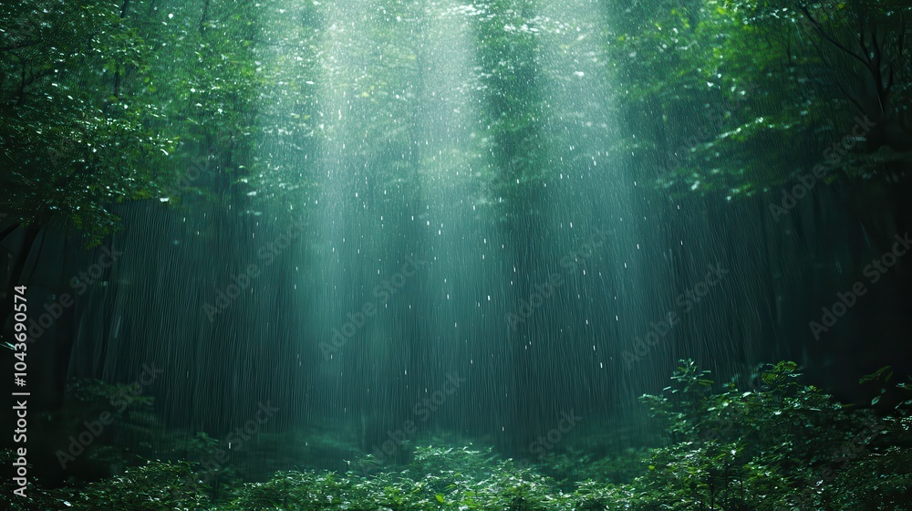 Obraz premium Intense Rainstorm in Lush Forest, torrential downpour, dark clouds, vibrant greenery, thunder rumbling, nature's raw power