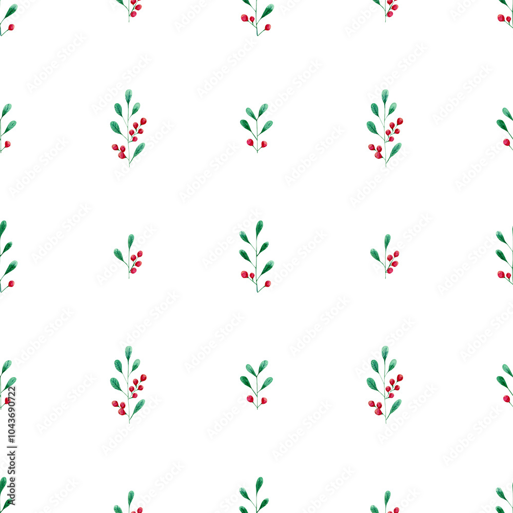 Obraz premium Christmas holly berry background. Seamless watercolor pattern with holly berry branches and leaves illustration for wrapping paper, textile, fabric, holidays wallpaper