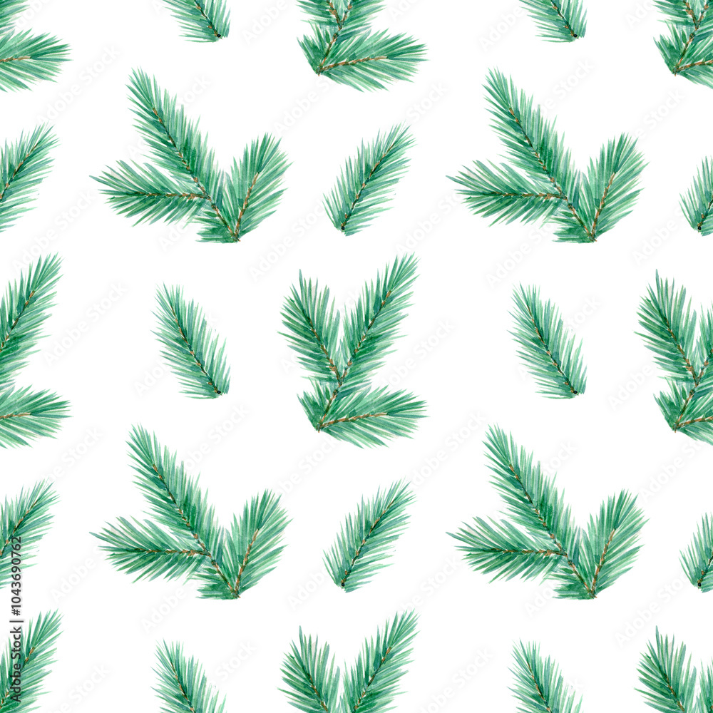 Christmas tree background. Seamless watercolor pattern with green and blue christmas tree branch illustration for wrapping paper, textile prints, fabric texture, holidays wallpaper Christmas tree background. Seamless watercolor pattern with green and blue christmas tree branch illustration for wrapping paper, textile prints, fabric texture, holidays wallpaper