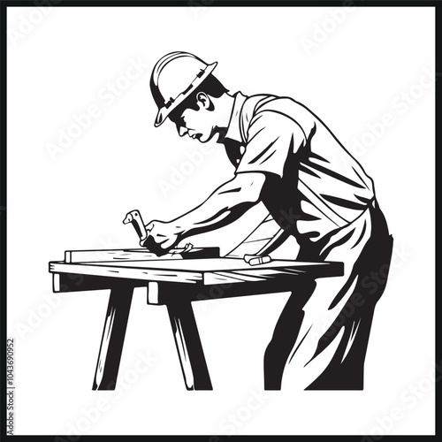 Carpenter on Woodworking Line Art Silhouette