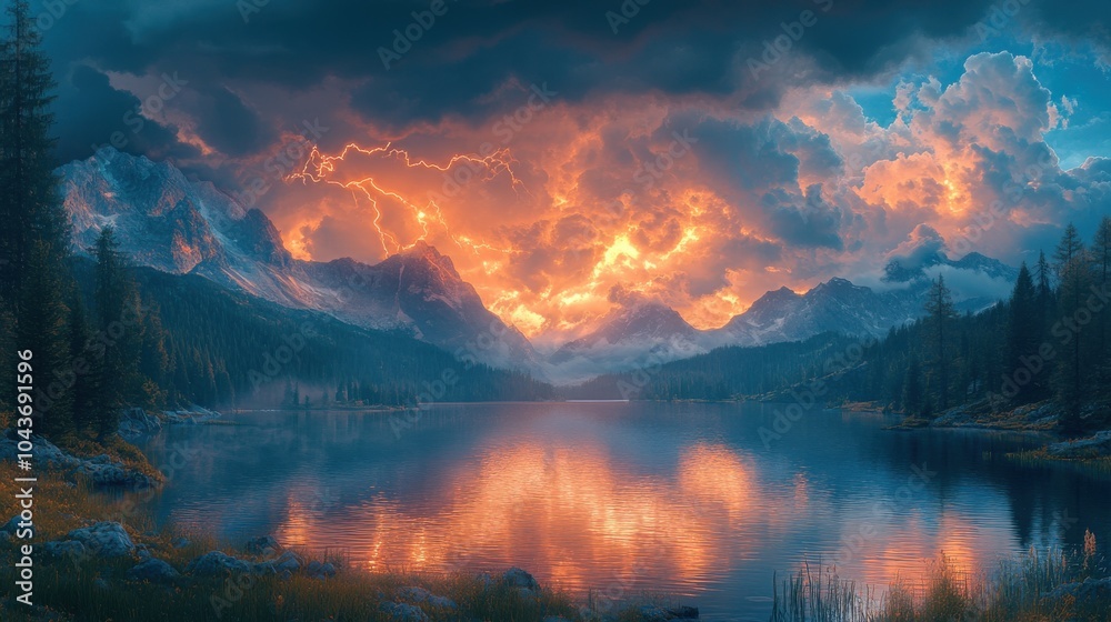 Dramatic Lightning Over Mountain Lake, Intense storm clouds clash above ...