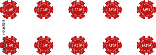Casino, Poker, Gambling Betting Chip Token or coin vector isolated on white background. Realistic casino chips. Poker chips color vector collection. Poker gambling bet : 1 to 90000$. Vector