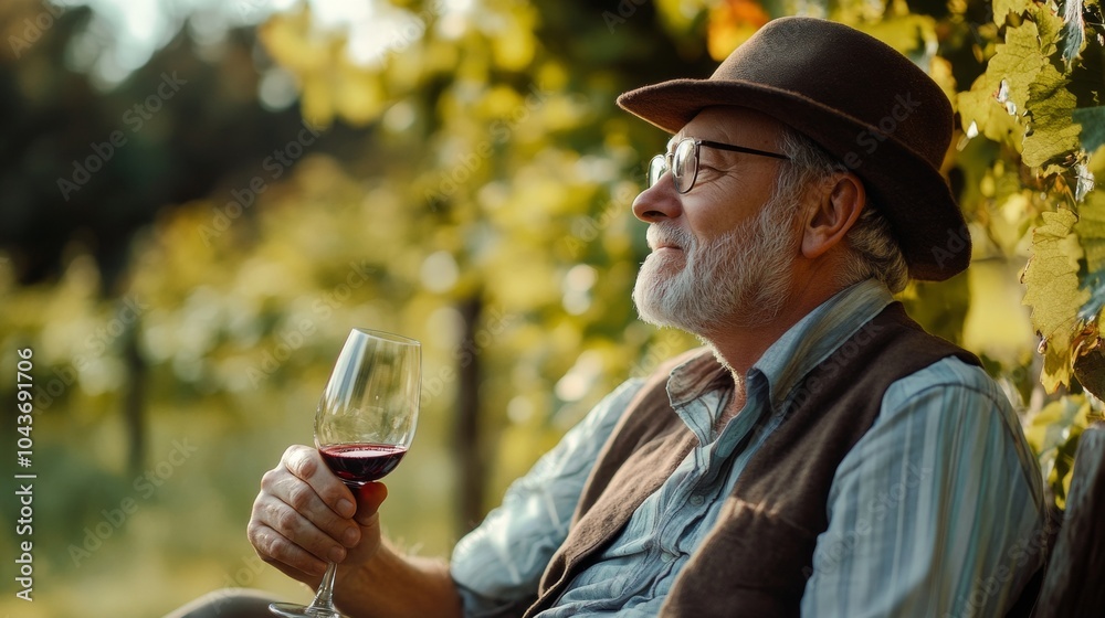 grandfather having a glass of wine in a vineyard