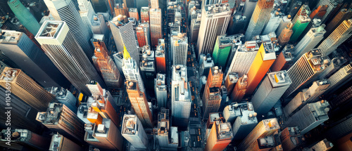 Aerial view of a vibrant city skyline featuring various skyscrapers, showcasing architectural diversity under a clear blue sky.