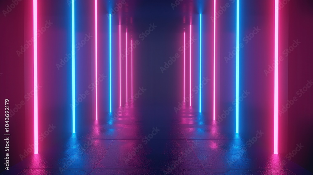 Fototapeta premium Vibrant Aurora Fusion, an immersive 3D abstract display featuring glowing plasma and radiant pink-blue vertical rays, inspired by the captivating beauty of the aurora borealis.