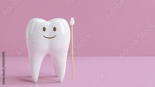 Tooth Hero, a cheerful 3D cartoon tooth character joyfully holding a toothpick, set against a soft pastel lavender backdrop, promoting dental health and hygiene awareness.