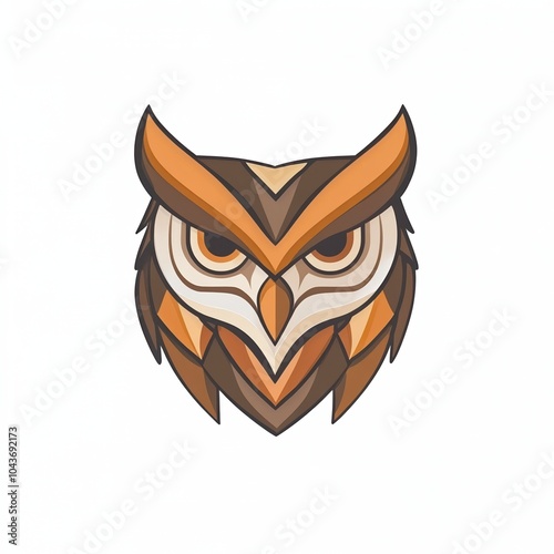 An abstract owl head logo crafted with layered geometric shapes in shades of brown, orange, and cream, giving it a modern and elegant look with a sense of depth, isolated on a white background