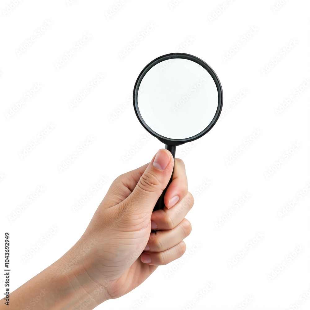 hand holding magnifying glass, isolated on white, mockup hand holding magnifying glass, isolated on white, mockup