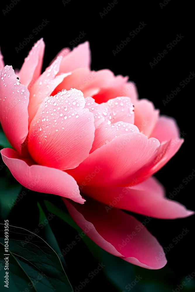 A close-up view of a beautiful pink peony flower with droplets of water on its petals, showcasing the delicate textures and vibrant colors against a dark background. A close-up view of a beautiful pink peony flower with droplets of water on its petals, showcasing the delicate textures and vibrant colors against a dark background.