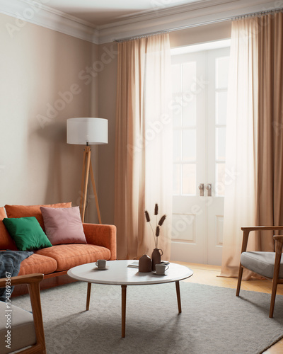 Cuadro en lienzo A Stylish Living Room featuring Abundant Natural Light and Chic, Upscale Decor E