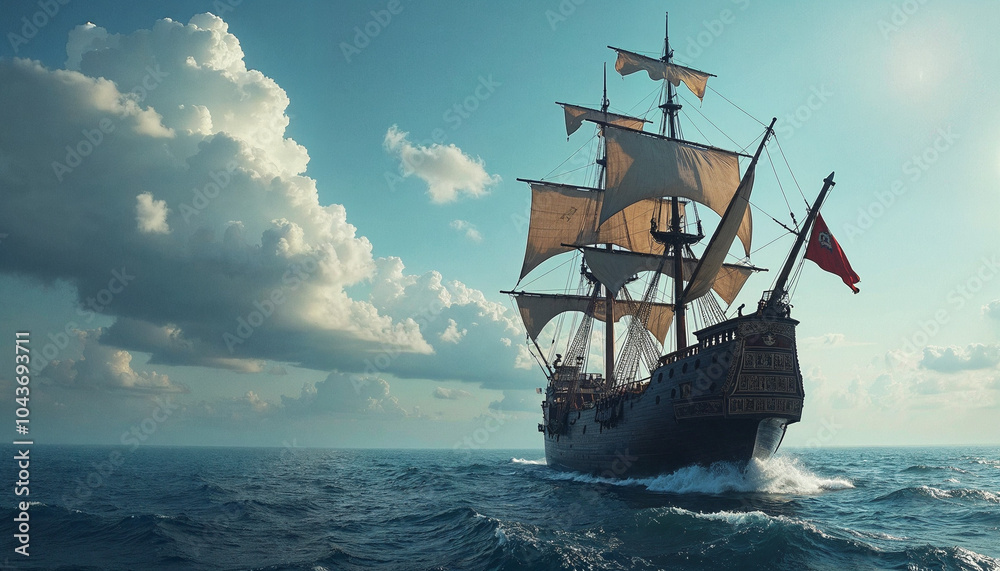 A large pirate ship sailing on the open ocean with billowing sails and flags, surrounded by cloudy blue skies A large pirate ship sailing on the open ocean with billowing sails and flags, surrounded by cloudy blue skies