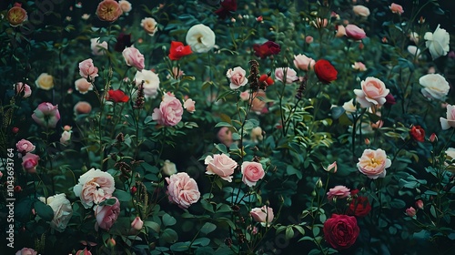 A vibrant garden filled with various colored roses in full bloom.